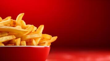 AI generated Ultra close-up of french fries on a crimson red background, copy space for text photo