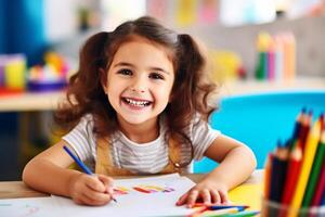 ai generado pequeño niña dibujo con de colores lápices, alegremente sonriente dentro el cámara foto