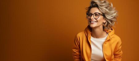 AI generated Beautiful gorgeous mature woman 50s smiling over isolated orange background photo