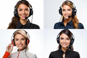 AI generated Girl smiling in headphones with microphone, call center, isolated background. photo