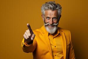 AI generated Senior man points with his hand and finger to the side and looks into the camera. Copy space. photo
