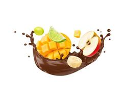 Chocolate yogurt, milk wave splash, tropical fruit vector