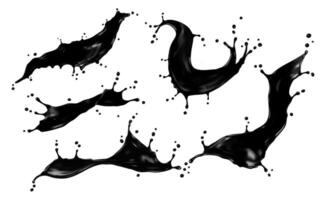 Black oil splash, petrol, liquid ink swirls set vector