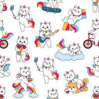 Cartoon caticorn cat character seamless pattern vector