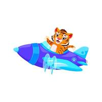 Tiger pilot on airplane, cartoon animal aviator vector