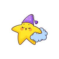 Cartoon cute kawaii star sleeps on fluffy cloud vector