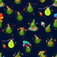 Cartoon avocado characters, holiday party pattern vector