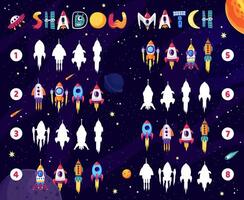 Shadow match game worksheet, find space rocket vector