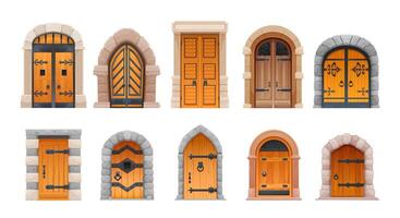 Medieval castle gates, wooden doors and arch vector