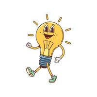 Cartoon groovy light bulb character, happy face vector