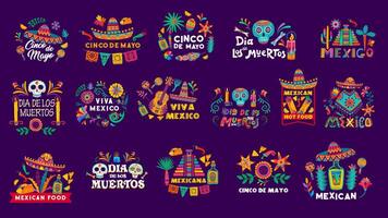 Mexican holiday labels, muertos, Cinco de Mayo vector