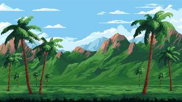 8 bit pixel game, tropic jungle forest landscape vector