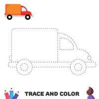 Trace and color page with car. Educational sheet for kids. Handwriting practice vector