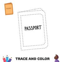 escritura práctica. rastro y color página con pasaporte. educativo sábana para niños vector