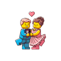 Karikatur Lego Paar im Liebe mit ein Herz, transparent Hintergrund, eben Illustration, zum Valentinstag Tag png