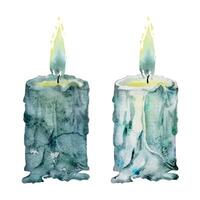 Hand drawn watercolor illustration sea witch altar objects. Burning pillar wax votive candles with flame, blue green. Single object isolated on white background. Design for print, shop, magic occult vector