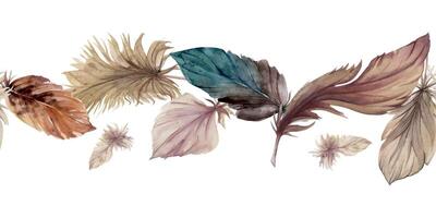 Hand drawn watercolor illustration bird feather plume quill boho tribal ethnic indian nature. Seamless banner isolated on white background. Design charm, dreamcatcher, scrapbooking, handmade, tattoo vector