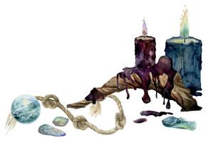 Hand drawn watercolor illustration sea witch altar objects. Burning pillar candles bog driftwood, gemstones crystals, knotted rope. Composition isolated on white background. Design print, shop, magic vector