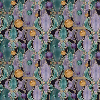 Hand drawn watercolor Mardi Gras carnival symbol. Fleur de lis iris lily flower with glass beads baubles confetti. Seamless pattern isolated on dark background. Design for party, print, shop, package