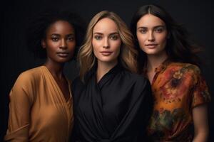 ai generado hermosa Tres mujer en un oscuro antecedentes. estudio retrato foto