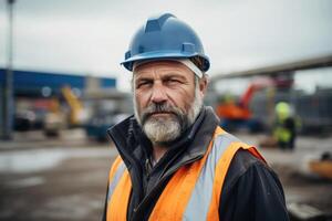 AI generated a woman engineer, builder or architect in a helmet against the background of a construction site photo