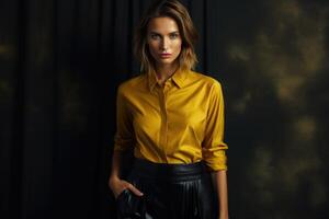 AI generated Fashionable stylish young girl in a yellow blouse and trousers on a dark background photo