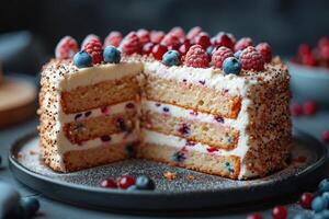 AI generated A stylish handmade cake with a cut-out piece stands on the stand of the kitchen table photo