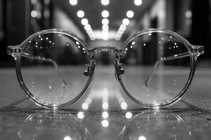 AI generated Glasses lying on the table. The concept of good eyesight photo