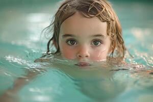 ai generado un bonito pequeño niña es nadando en el piscina foto