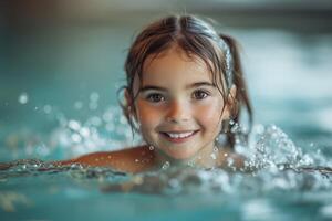 AI generated A pretty little girl is swimming in the pool photo