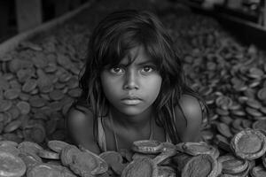 ai generado retrato de un asiático niña a trabajar. niño mano de obra. negro y blanco foto