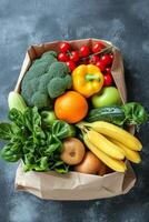 AI generated A kraft bag with vegetables and fruits on a dark background. Food delivery photo