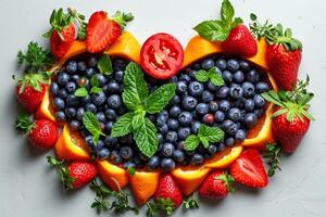 AI generated Vegetables and fruits are laid out on a white background photo
