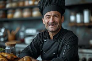 ai generado sonriente masculino cocinero en negro ropa en su cocina foto