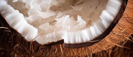 AI generated Close-up view of a halved coconut. photo