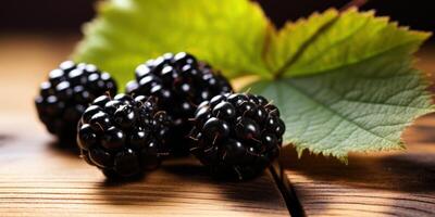 AI generated Juicy blackberries on rustic wood. photo