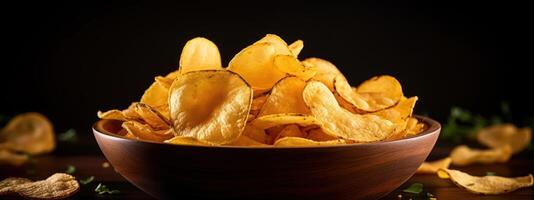 AI generated Golden potato chips in a wooden bowl. photo