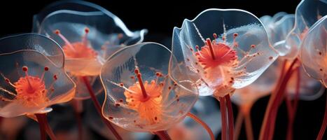 ai generado intrincado parecido a una medusa flores en contra un oscuro fondo, . foto