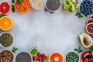 AI generated Set of organic healthy diet food, superfoods - beans, legumes, nuts, seeds, greens, fruit and vegetables.. white background copy space. top view frame photo