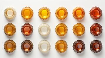 AI generated Multiple beer caps displaying different beer shades arranged in rows. On white background. Top view. Concept of brewery, beer tasting, craft beer, alcohol variety, collecting photo