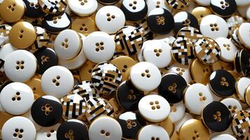 AI generated Collection of decorative buttons in a black, gold, and white color scheme. Top view. Background. Concept of sewing accessories, fashion design, crafting materials, photo