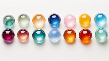 AI generated Row of colorful glass spheres on white surface, reflecting light. Concept of glass art, marbles collection, color variety, transparent objects. Top view photo