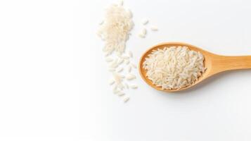 ai generado granos de sin cocer blanco arroz en de madera cuchara. en limpiar blanco antecedentes. parte superior vista. bandera con Copiar espacio. concepto de Cocinando ingrediente, sano nutrición, cereal grano, y agricultura foto