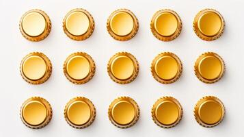 AI generated Rows of golden bottle caps on a white surface. Top view. Concept of beverage packaging, recyclable material, organized pattern, craft beer, alcohol variety, collecting photo