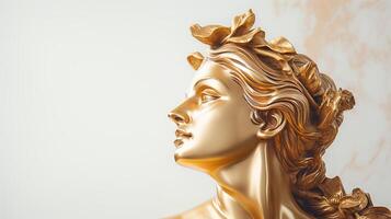 AI generated Gold sculpture of a female head on a light solid background. Banner with copy space. Concept of classical art, sculpture, golden statue, artistry, elegance, luxury decor. photo