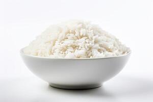 AI generated White rice grains in a bowl, isolated on white background. Concept of food staple, raw grains, cooking ingredient, healthy food photo
