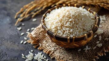 AI generated A bowl of white rice on a burlap cloth with rice grains around it. Concept of staple food, raw rice grains, organic produce, culinary base. photo