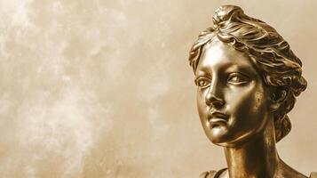 AI generated Gold sculpture of female head on a light textured background. Banner with copy space. Concept of classical art, sculpture, golden statue, artistry, elegance, luxury decor. photo