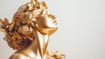 AI generated Golden sculpture of female head on a light solid background. Banner with copy space. Concept of classical art, sculpture, golden statue, artistry, elegance, luxury decor. photo