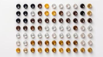 AI generated Assorted bottle caps in row on white background. Top view. Concept of bottle tops, packaging, recyclable materials, product branding, craft beer, alcohol variety, collecting photo